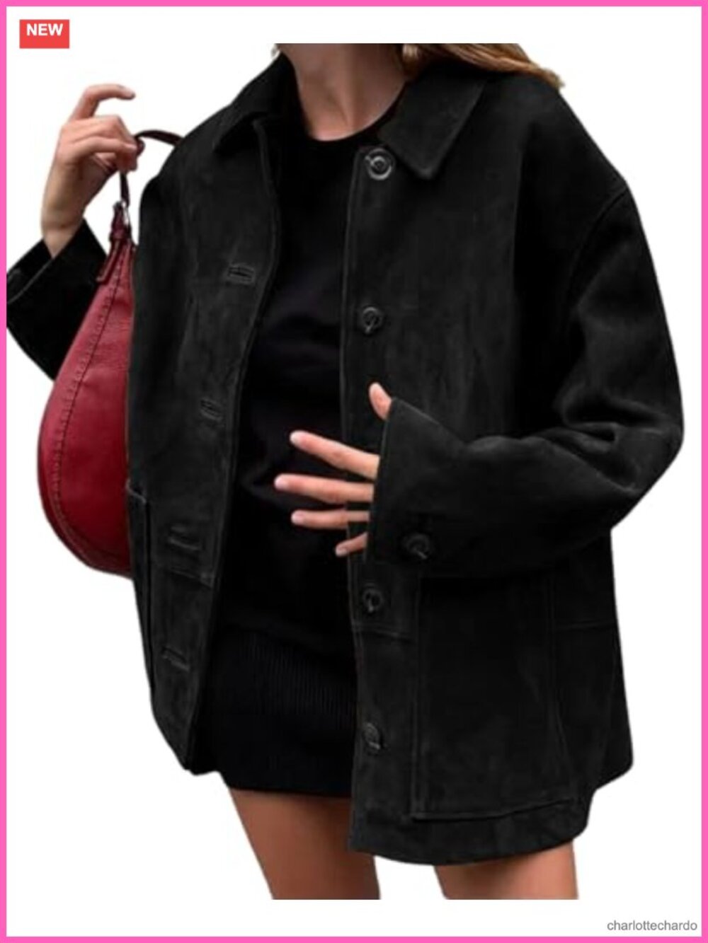 Women's Faux Suede Leather Midi Shacket Button Down Coat Casual Long Jacket